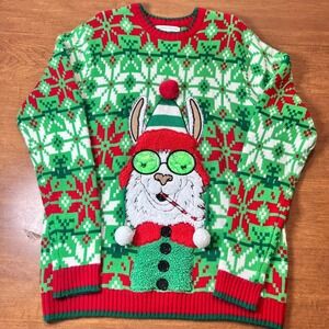 Celebrate Together Ugly Christmas Sweater Llama‎ Graphic Knit Green Red Size Lg